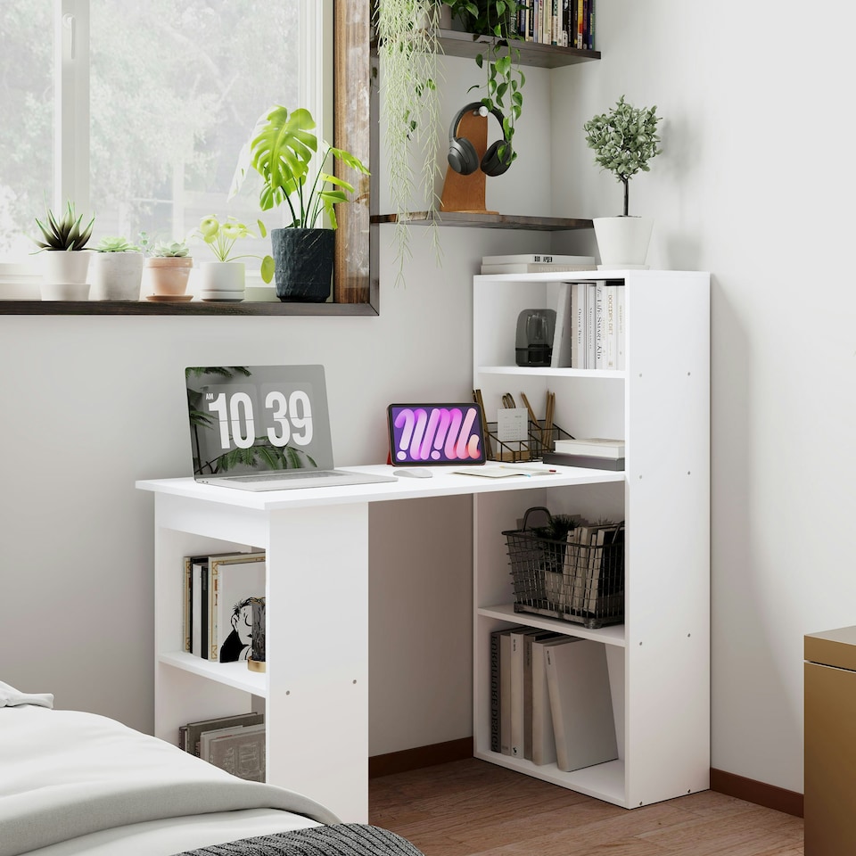 image 1 of HOMCOM 120cm Computer Desk Bookshelf Writing Table 6 Shelves White