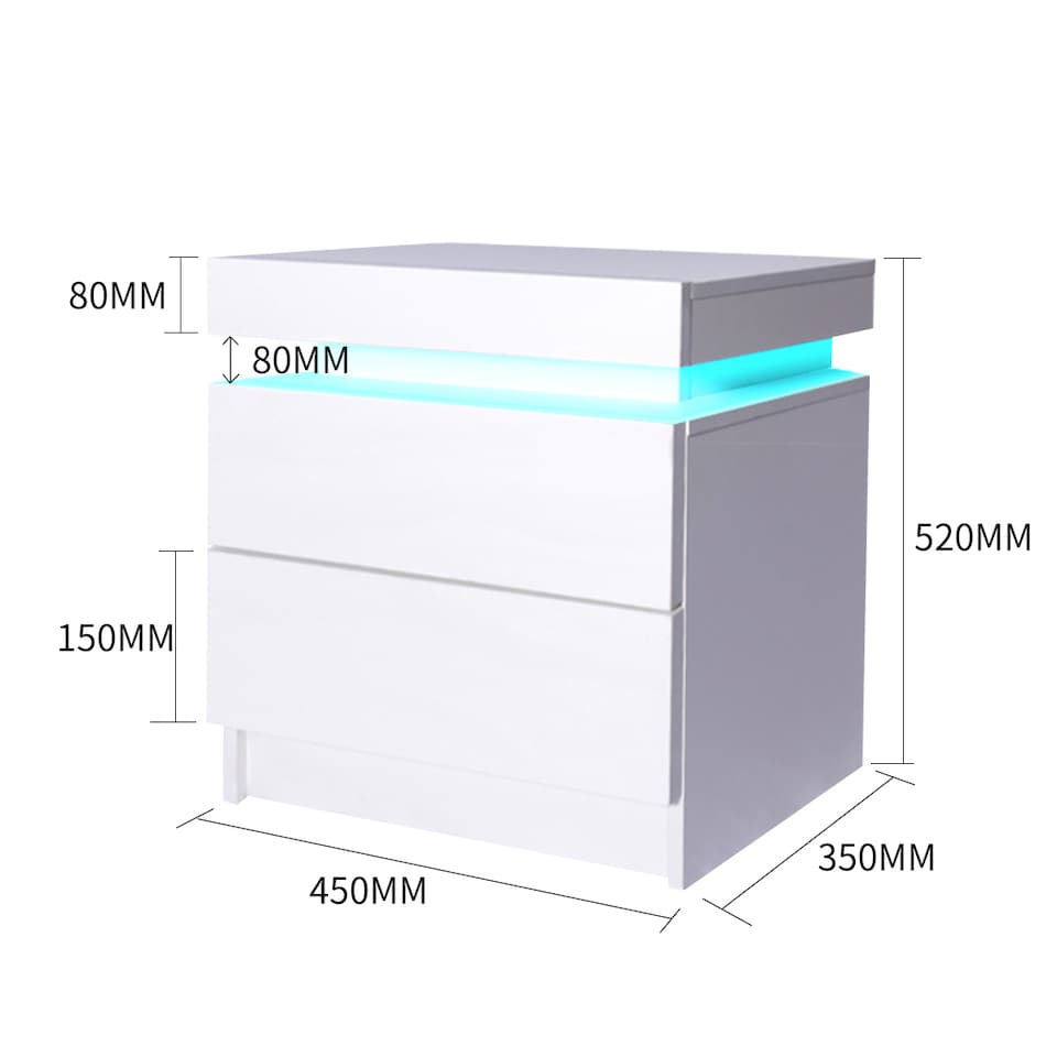 image 1 of Levede 2 Drawer Bedside Table High Gloss RGB LED Nightstand Cabinet | White | White