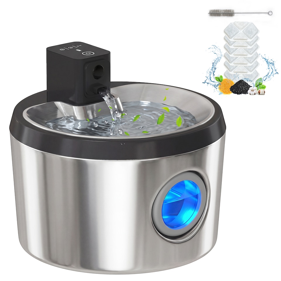 image 1 of PawHut Wireless 4L Cat Water Fountain for Drinking Stainless Steel Cordless | Silver | Silver | 22.5 x 22.5 x 19.5 cm
