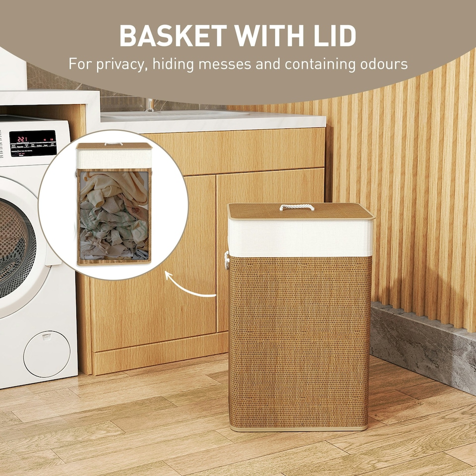 image 1 of HOMCOM Laundry Hamper with Removable Washable Liner Bag, Brown Brown
