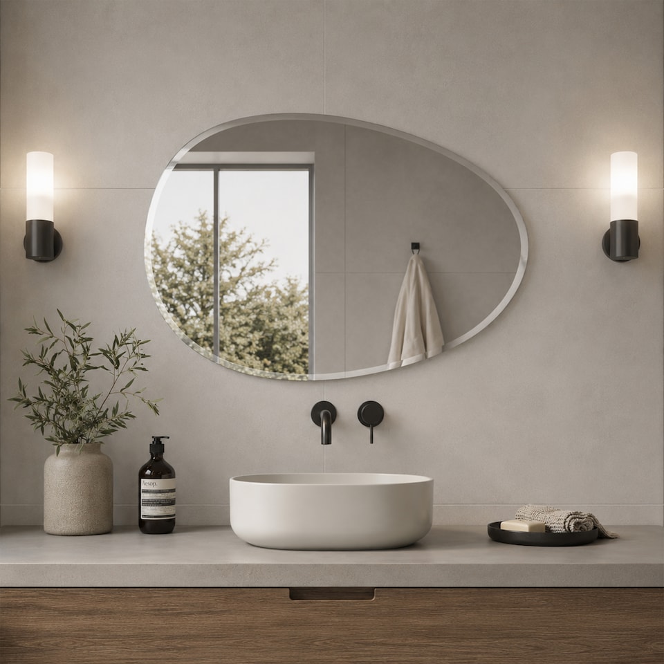 image 1 of Showerdrape Angel Oval Wall Mounted Frameless Bevelled Edge Bathroom Mirror 60 x 45cm | Chrome | Mirror | 1