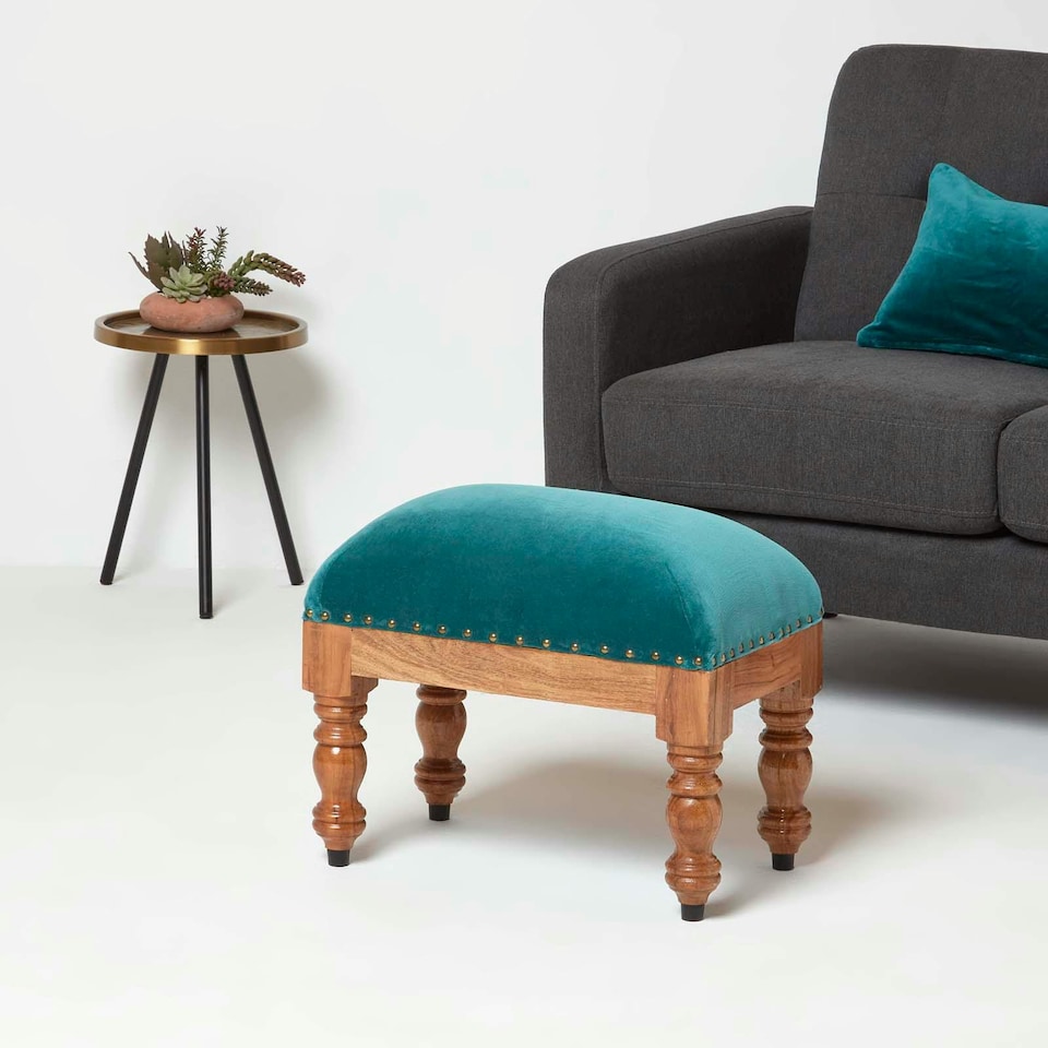 image 1 of Homescapes Mable Teal Green Velvet Rectangular Footstool