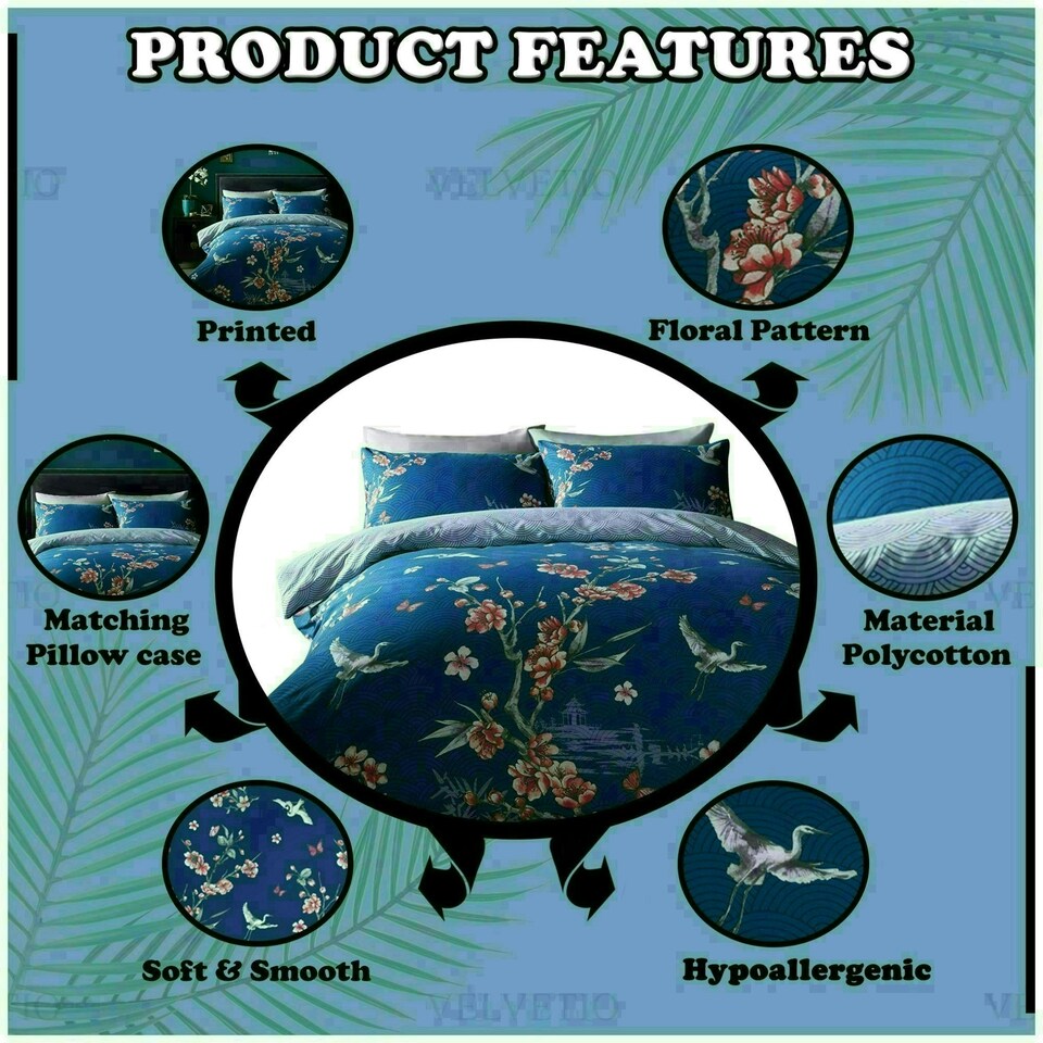image 1 of Akari Floral Printed Duvet Cover Set Reversible Polycotton Beddings Blue | Single