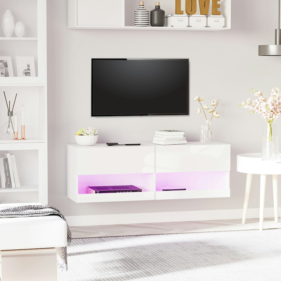 image 1 of HOMCOM Wall Mount TV Stand W/ LED Lights Media Console with Storage & Cable Hole