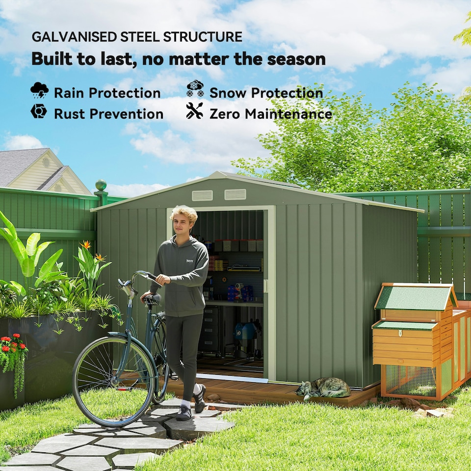 image 1 of Outsunny 9 x 6FT Galvanised Garden Storage Shed with Sliding Door, Light Green
