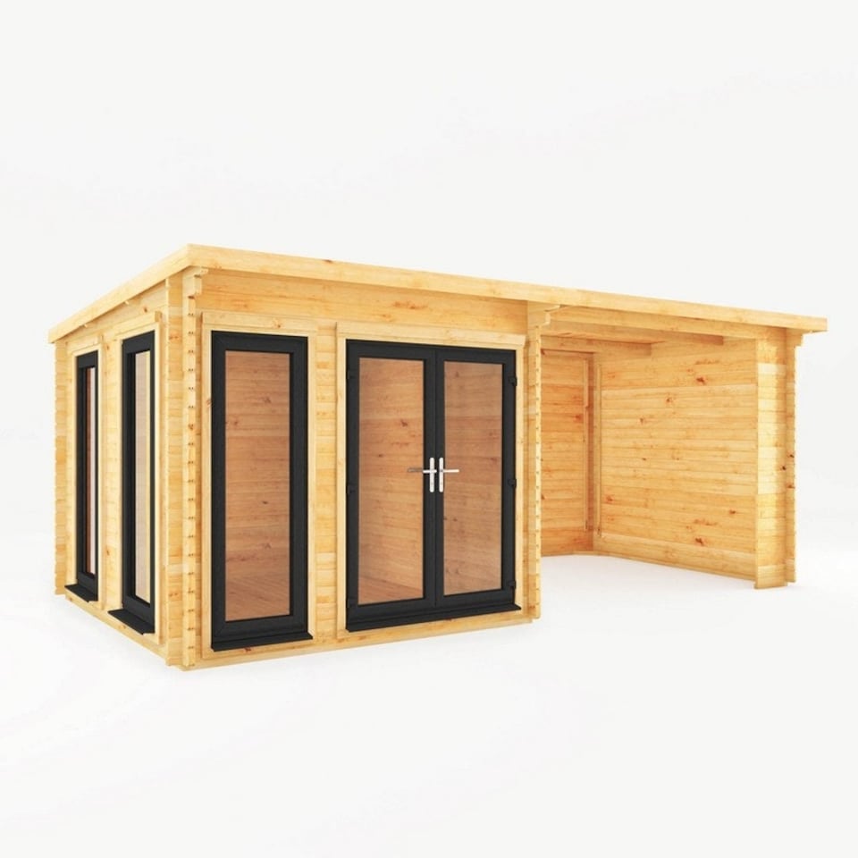 image 1 of 6 x 3 m Studio Pent Log Cabin with Patio Area with UPVC Windows and Doors - 44 mm - Timber - L333.5 x W591.1 x H249.4 cm - Brown Brown