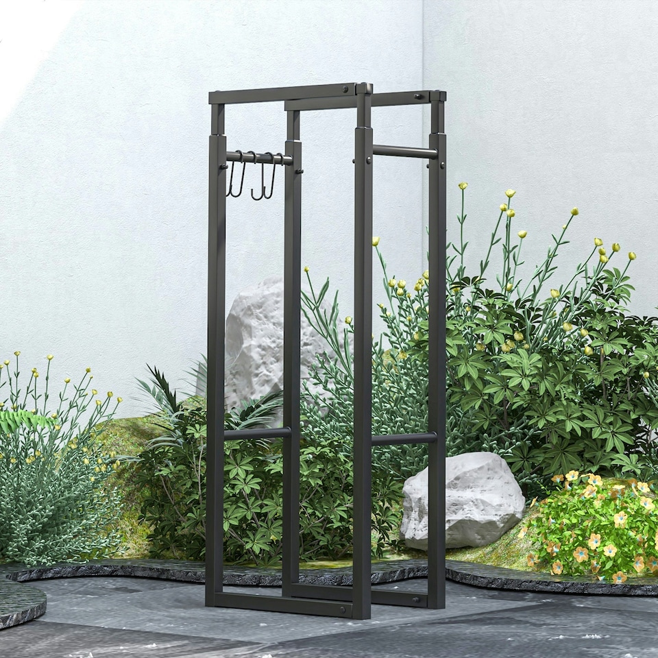 image 1 of Outsunny 100-150cm Retractable Metal Firewood Log Holder Rack with Hooks