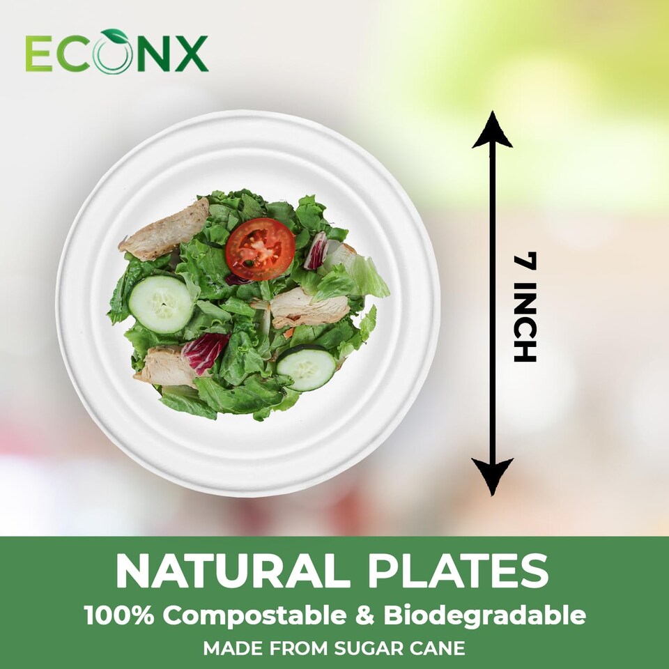 image 1 of ECONX 7 Inch Disposable Sugarcane Bagasse Plates 18cm Small Round Paper Plates 200pc