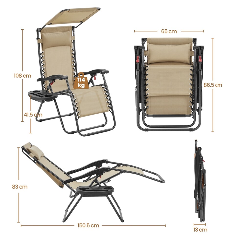 image 1 of Yaheetech 62.5 cm W Foldable Reclining Lounge Chair with Cupholder and Pillow-Beige | Cream | Beige | One Size | 1