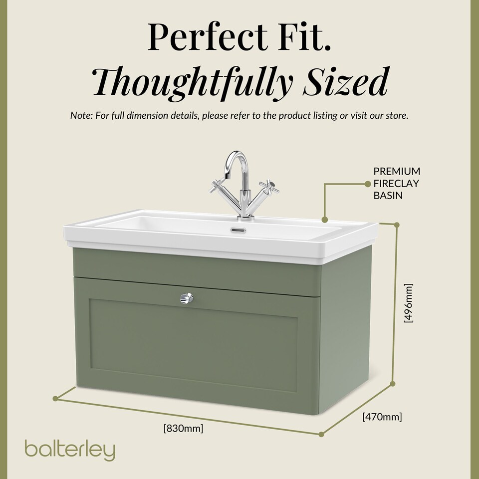 image 1 of Bathroom Wall Hung 1-Drawer Vanity Unit & Fireclay Basin, Green, 800mm | Green | Satin Green | 470 x 830 x 496mm