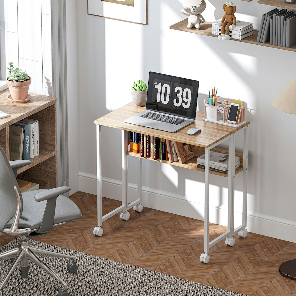 image 1 of HOMCOM 80 cm Foldable Computer Desk on Wheels for Small Spaces Rustic Brown