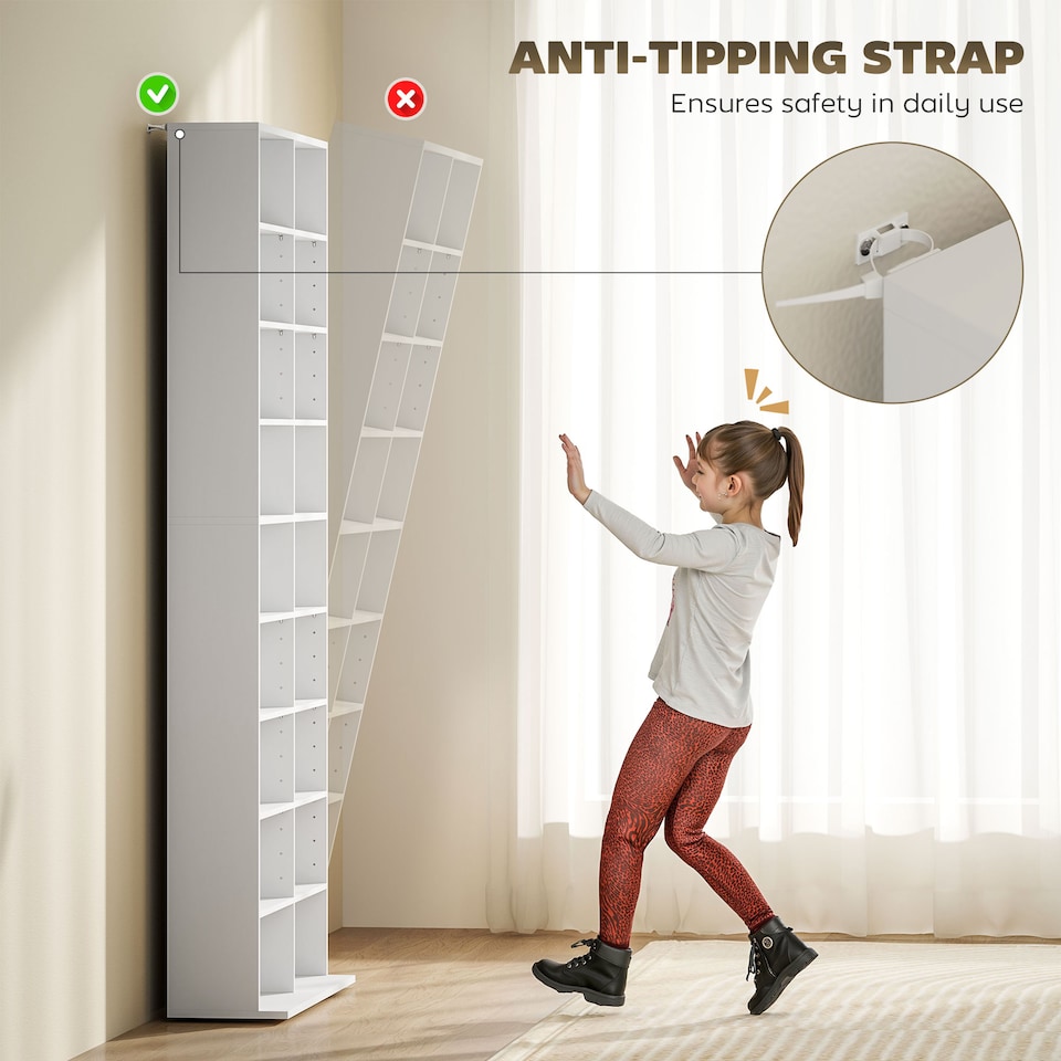 image 1 of HOMCOM 640 CD360 DVD Storage Unit, Blu-ray Media Storage Shelf with 18 Compartments and 14 Adjustable Shelves, CD Tower for Living Room, Bedroom, Office, White | White