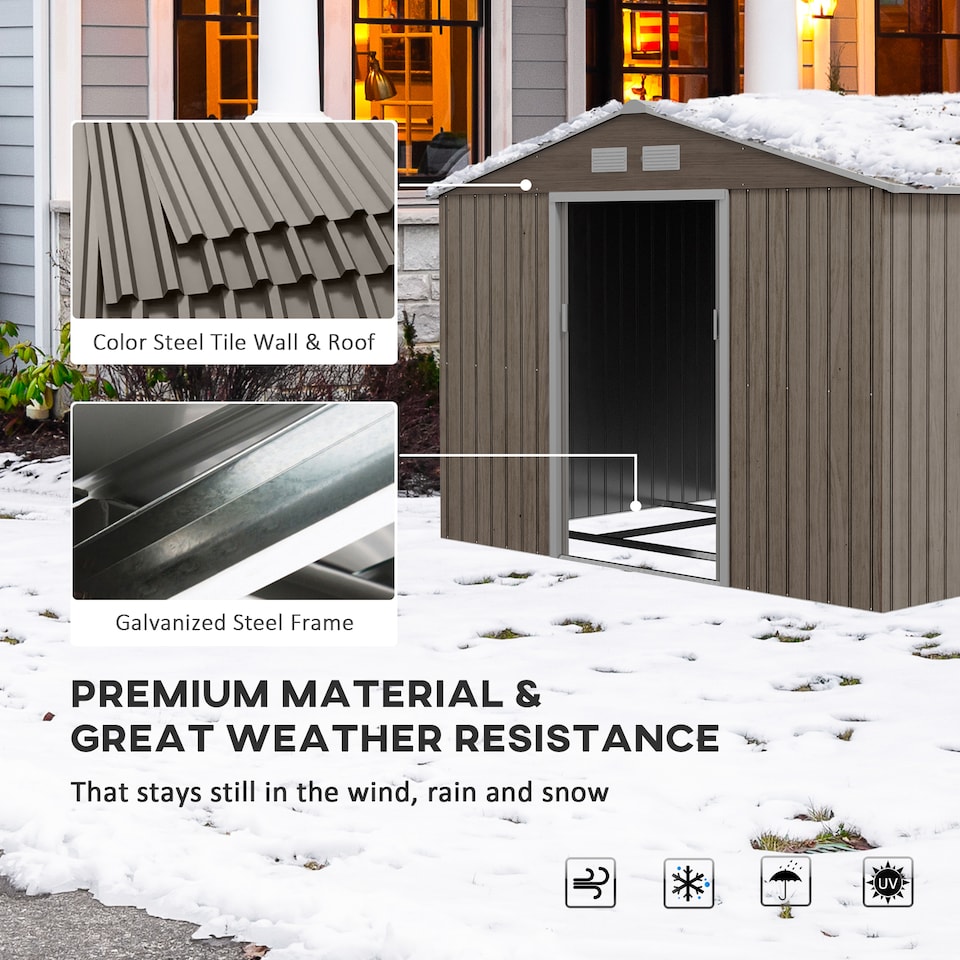 image 1 of Outsunny 9 x 6ft Metal Garden Shed, Outdoor Storage Tool House with Ventilation Slots, Foundation Kit and Lockable Double Doors, Light Brown