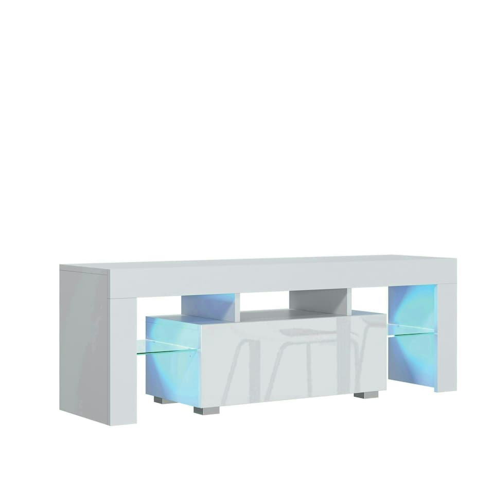 image 1 of TV Unit 130cm White Gloss Door White Matt Body with Glass Shelves Free LED | White | One Size | 1