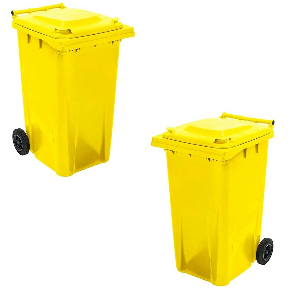 image 1 of Yellow 140L Compact Sized Waste Recycling Wheelie Bins With Strong Rubber Wheels & Lid Yellow