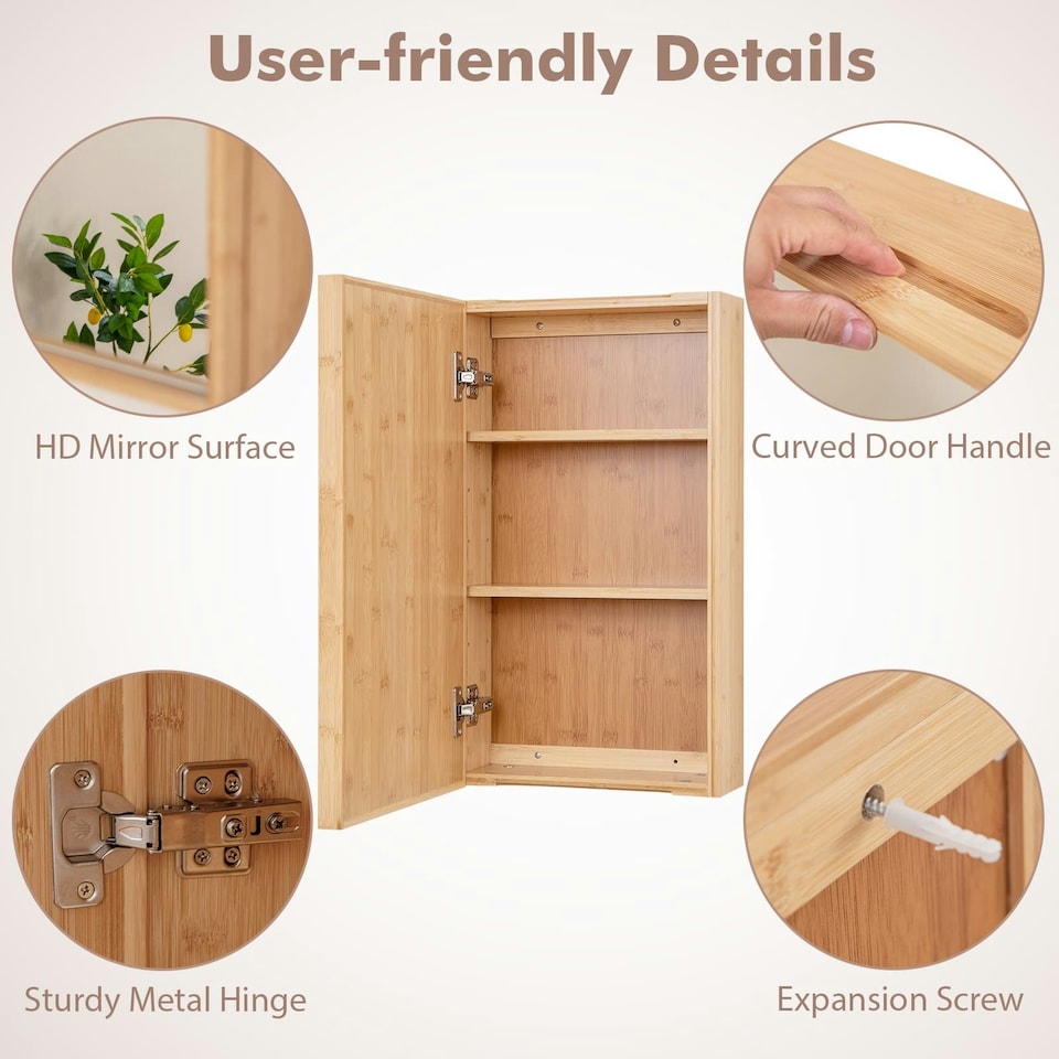 image 1 of COSTWAY Bathroom Medicine Cabinet Single Bamboo Storage Brown