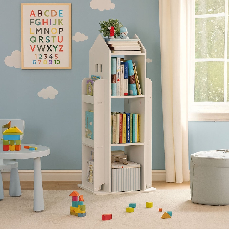 image 1 of Neo House Shaped 360° Rotating Kid's Children's Freestanding Bookshelf | Blue | Blue