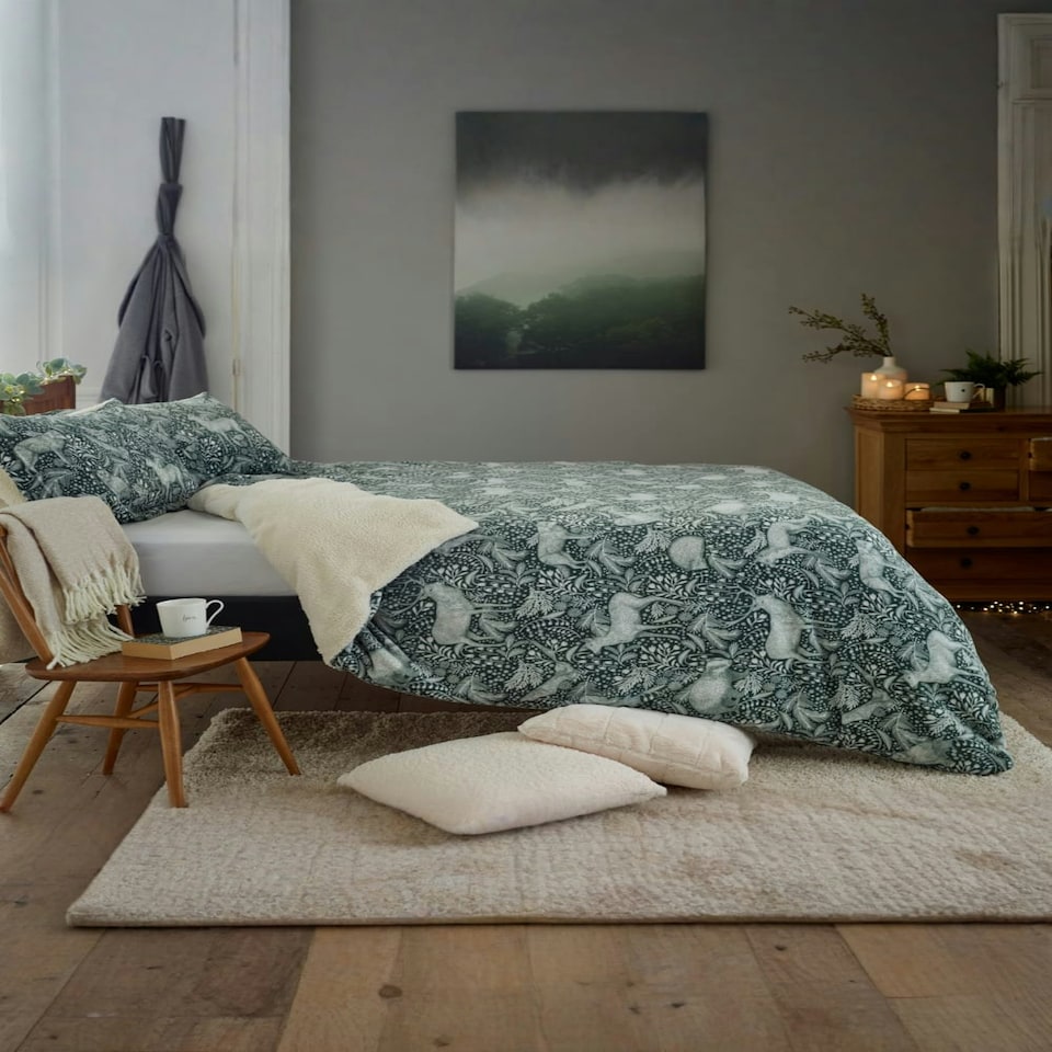 image 1 of Woodland Folk Animal Duvet Cover Set – Soft Fleece with Cosy Sherpa Reverse | Green | Single
