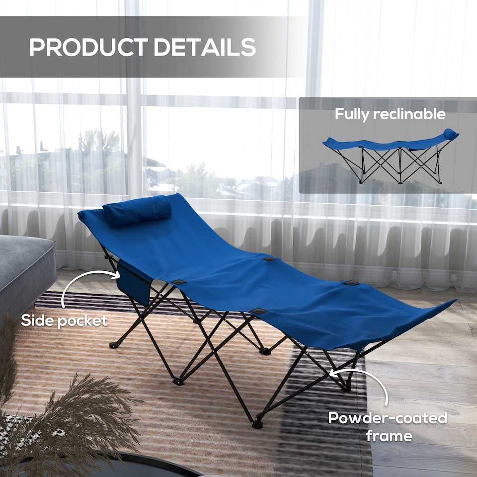 image 1 of Outsunny Camping Bed for Adults, Single Folding Camp Bed with Headrest, Portable Camping Cot with Oxford Seat and Side Pocket for Outdoor, Travel, Fishing, Dark Blue