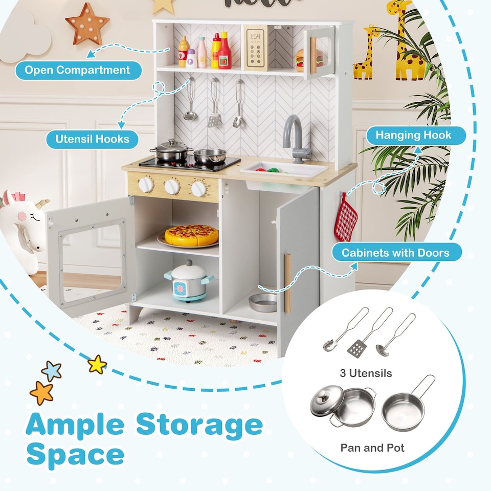 image 1 of COSTWAY Kids Kitchen Playset Pretend Play Kitchen Set with Sounds-White