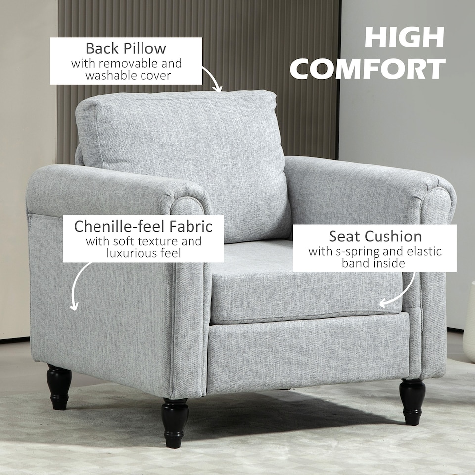 image 1 of HOMCOM Armchair, Upholstered Accent Chair, Occasional Fireside Chair with Back Pillow and Rubber Wood Legs, Single Sofa for Living Room, Reading Room, Light Grey
