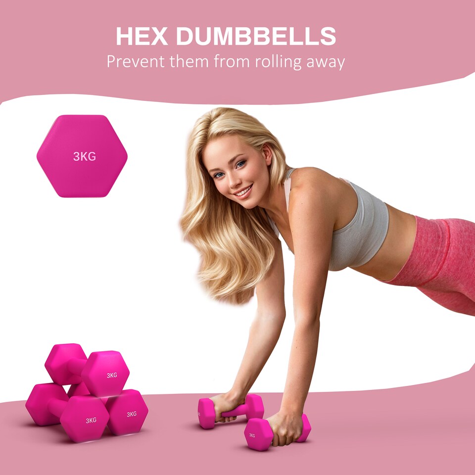 image 1 of SPORTNOW Set of 2 Hexagonal Dumbbells Weights Pair, 2 x 3kg, Pink