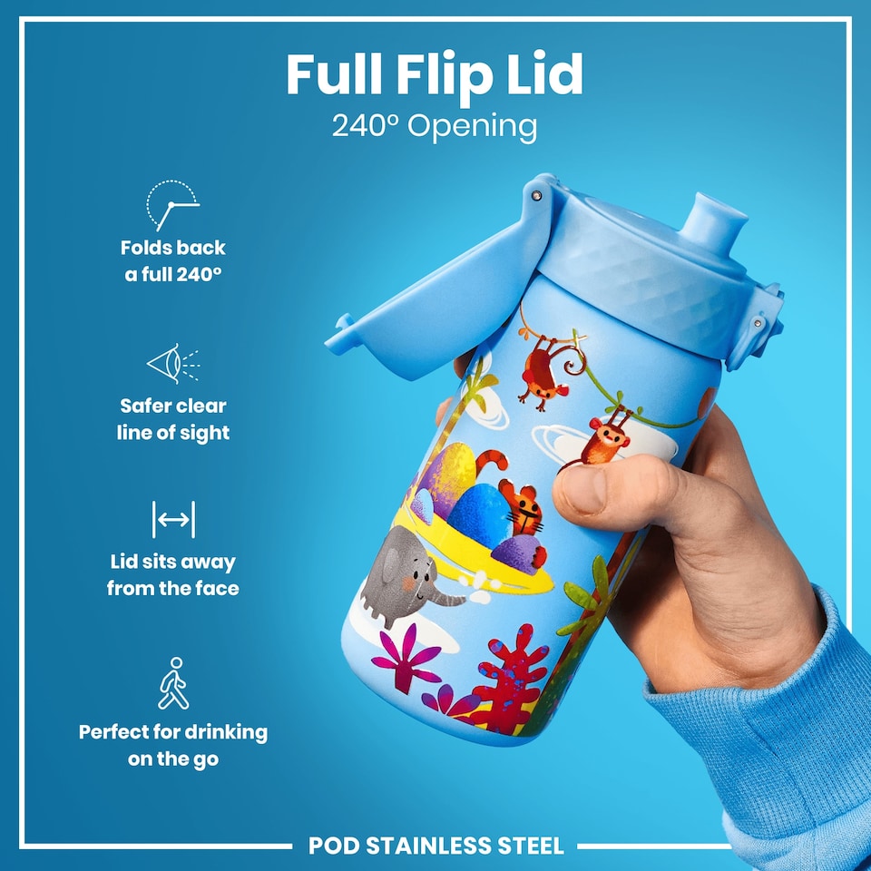 image 1 of Leak Proof Kids Water Bottle, Stainless Steel, 400ml (13oz) | Blue | Safari | One Size