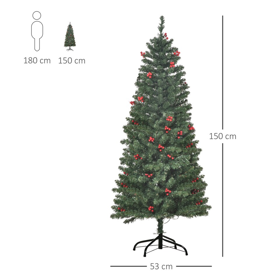 image 1 of HOMCOM 5FT Prelit Pencil Christmas Tree w/ LED Light, Berry, Xmas Decoration