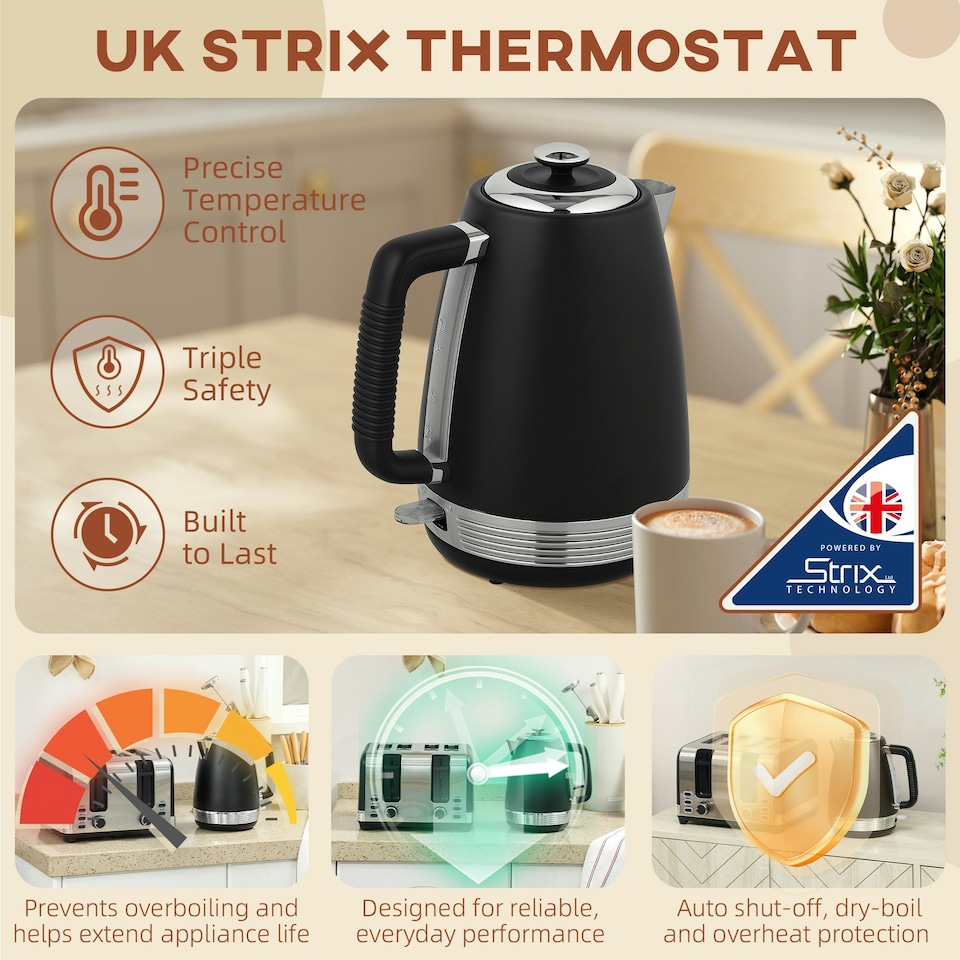 image 1 of HOMCOM 1.7L 3000W Quick Boil Kettle and 4 Slice Toaster Set Crumb Tray Black