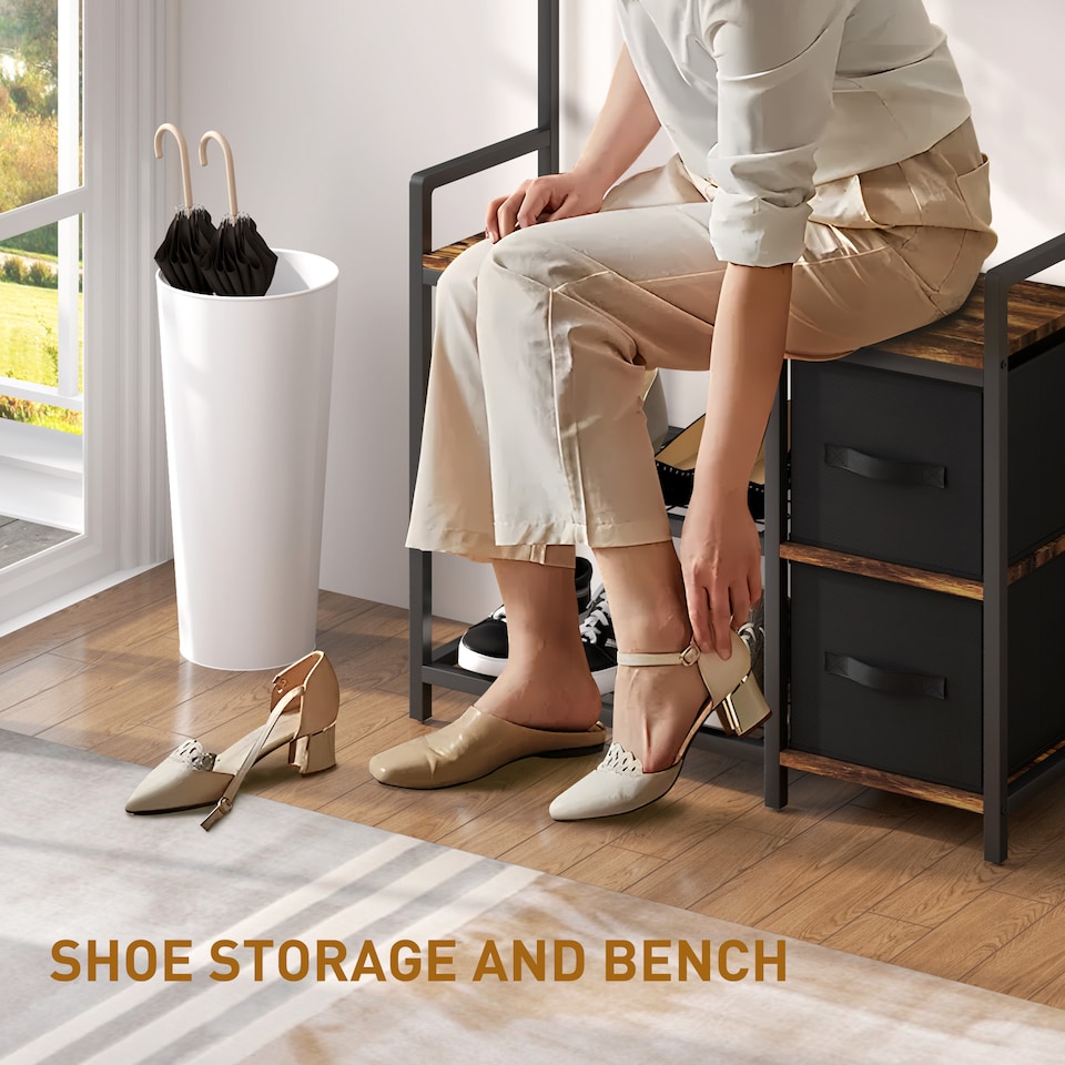 image 1 of HOMCOM Coat Rack with Bench and Shoe Storage, 4-in-1 Coat Stand with 15 Coat Hooks, 2 Fabric Drawers for Hallway, Living Room, Bedroom, Rustic Brown