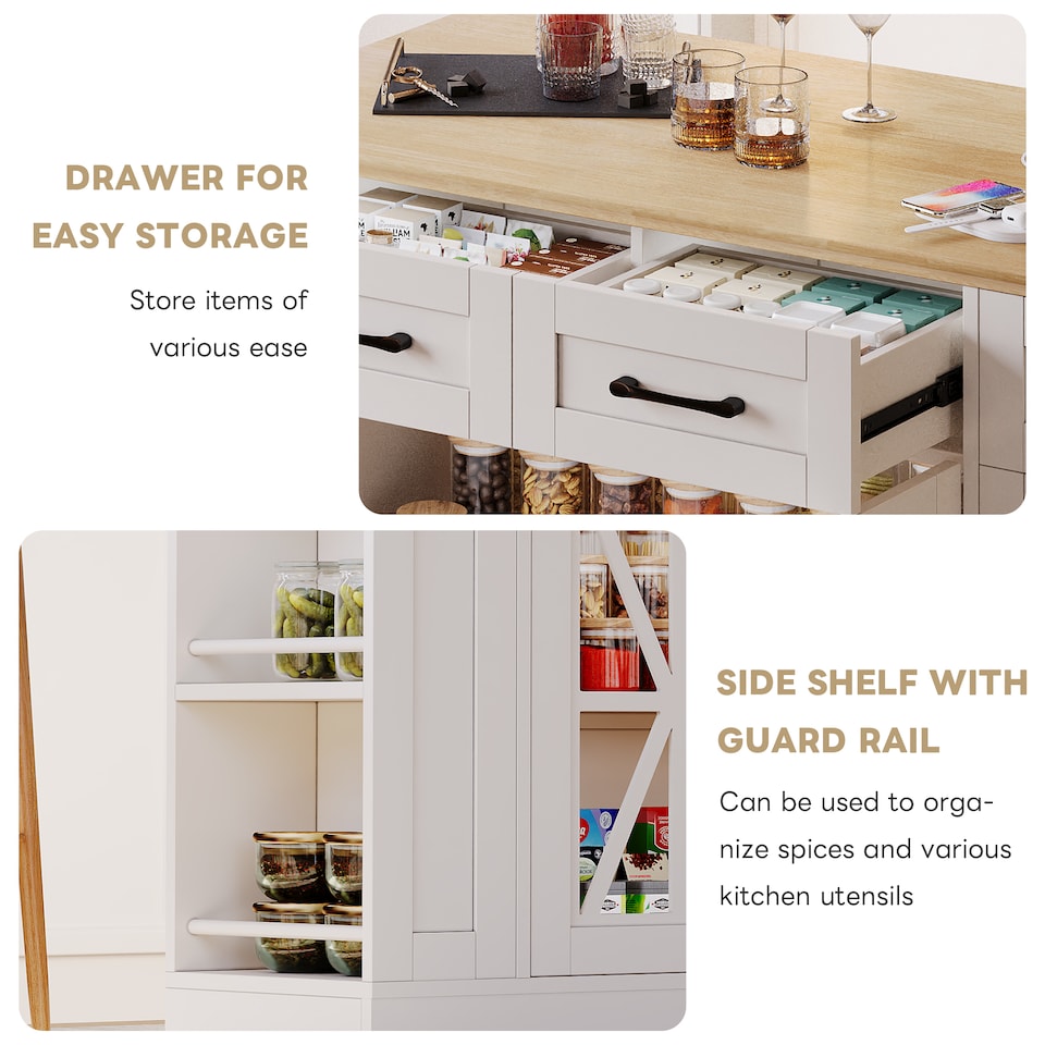 image 1 of VILUXE Mobile Kitchen Island with Foldable Worktop, 2 AC Sockets, 2 USB Ports, Glass Doors, Adjustable Shelves and Lockable Wheels, White and Natural