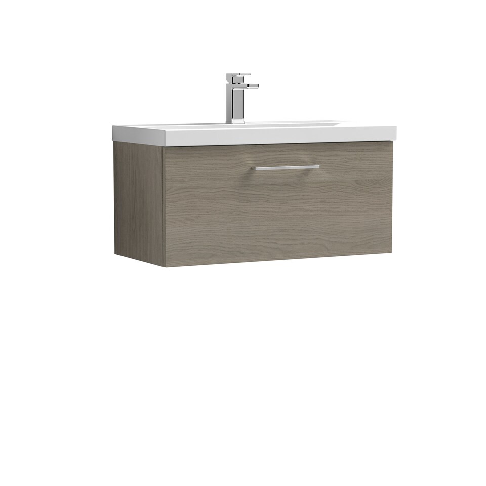 image 1 of Balterley Level Modern Bathroom Wall Hung 1 Soft Close Drawer Vanity Unit & Mid-Edge Basin | Brown | Solace Oak