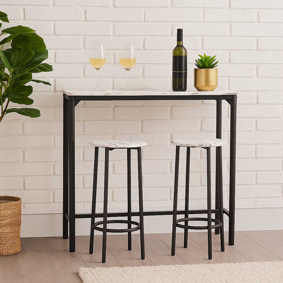 image 1 of CANCUN Bar Table & Stools Set Kitchen Dining Breakfast Industrial Furniture | Multi | 3 Piece White Marble