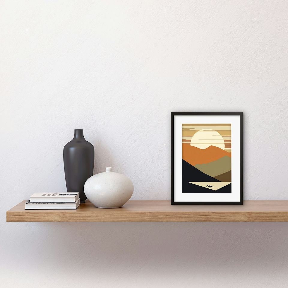 image 1 of Lakeside Mountain Sunset Boho Abstract Landscape 9x7" Black Framed Wall Art Print