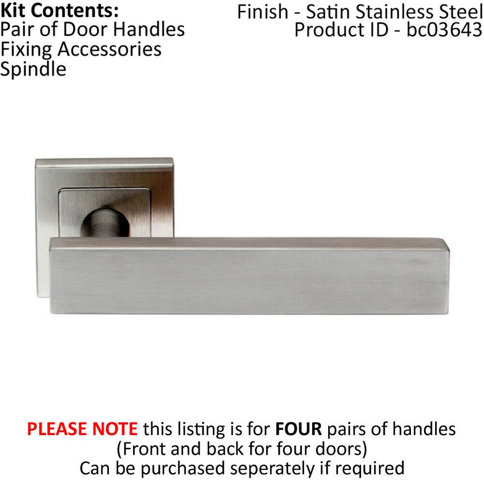 image 1 of 4x PAIR Square Cut Straight Bar Handle on Square Rose Concealed Fix Satin Steel