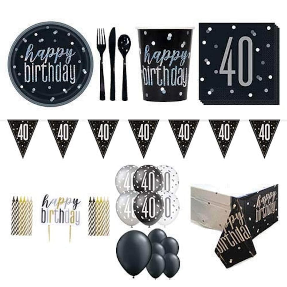 Black Glitz 40th Birthday 16 Person Deluxe Party Pack