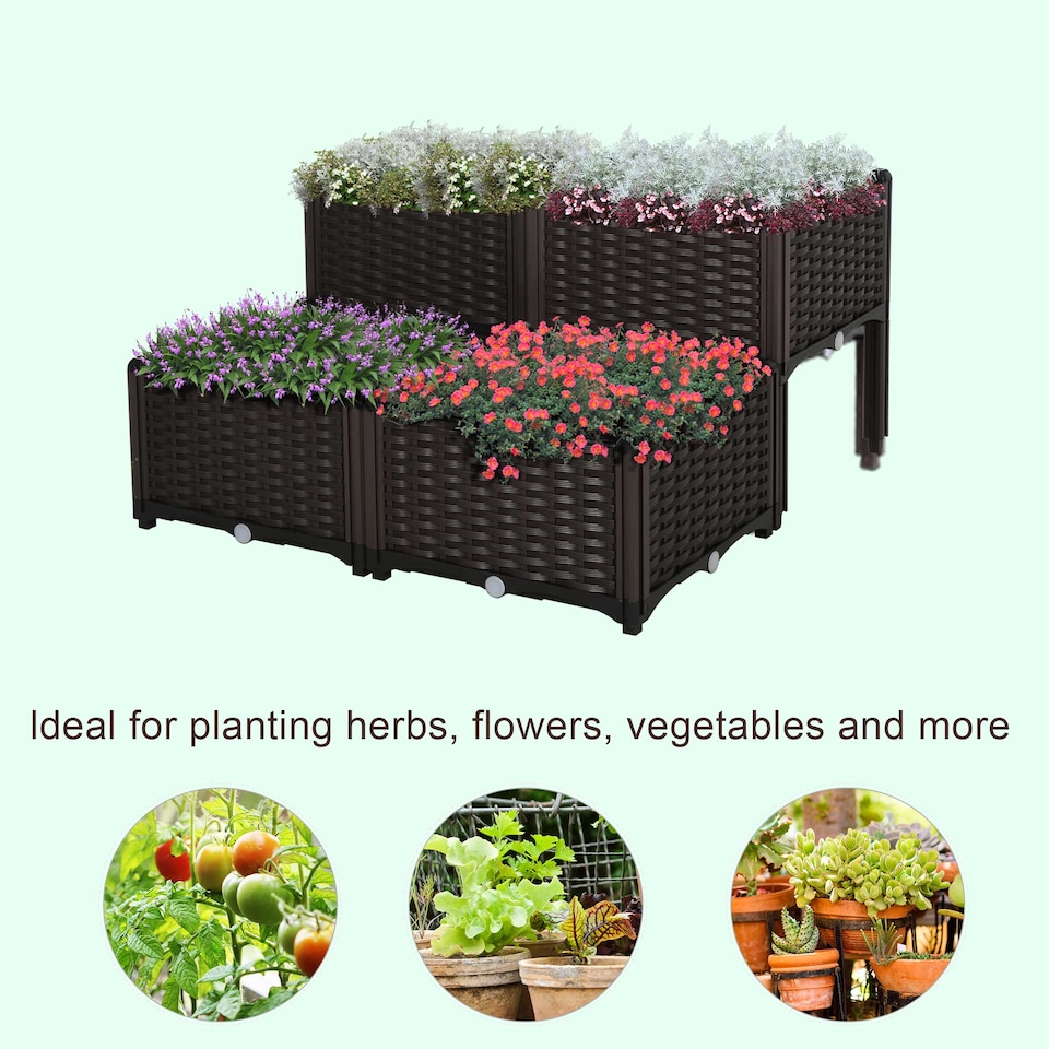 image 1 of Outsunny 4-piece Elevated Flower Bed Vegetable Herb Planter Plastic, Brown | Brown | Brown