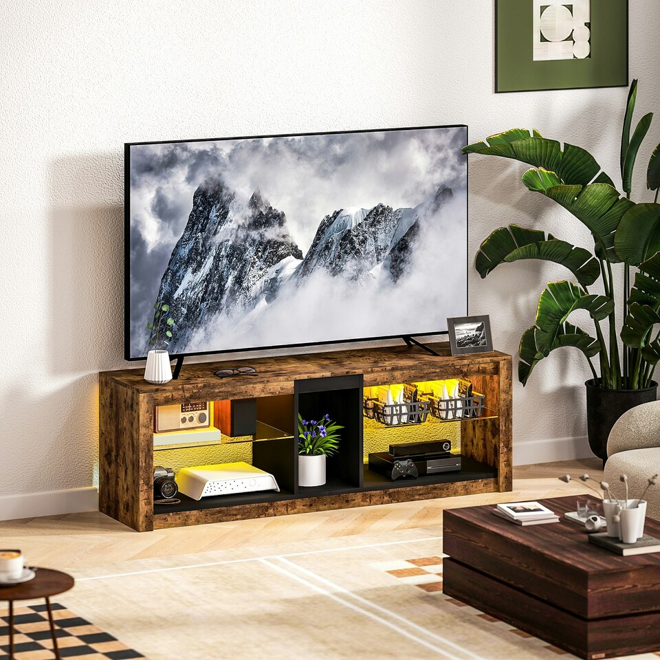 image 1 of HOMCOM TV Stand, Entertainment Centre with LED Lights, Rustic Brown | Brown | 1