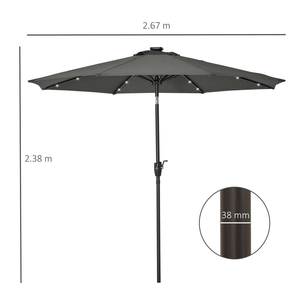 image 1 of Outsunny Garden Parasol Outdoor Tilt Sun Umbrella LED Light Grey