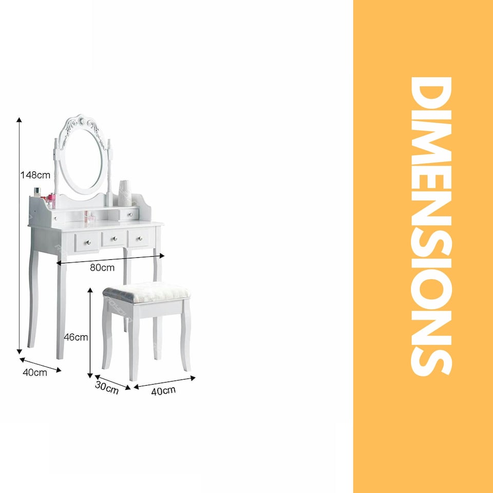 image 1 of 5 Drawer White Dressing Table With Round Mirror And Stool White