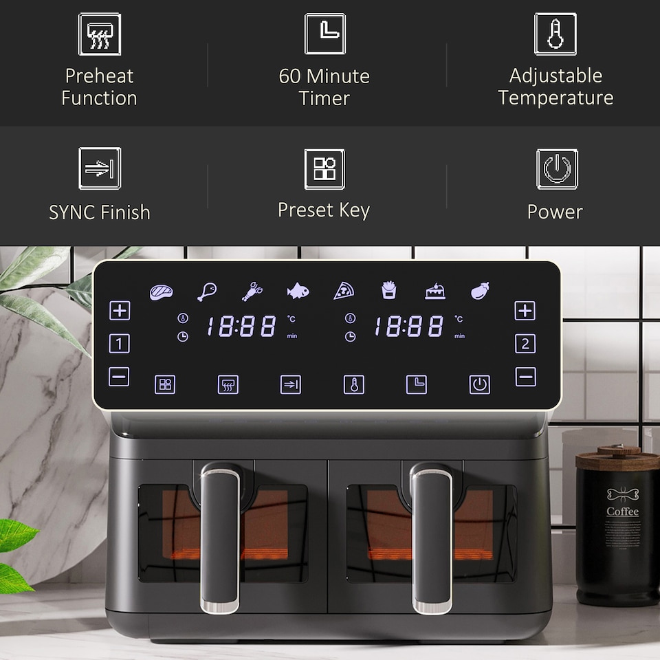 image 1 of HOMCOM 8L Dual Basket Air Fryer, 8-in-1 Air Fryer Oven with Digital Display, Visible, Timer, Preheat for Oil Free Low Fat Cooking, 2500W, Sync Finish, Sliver