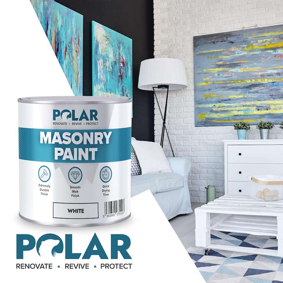 image 1 of Polar Masonry Paint Multi-Purpose Interior & Exterior Emulsion Paint Matt | White | White | 500 ml