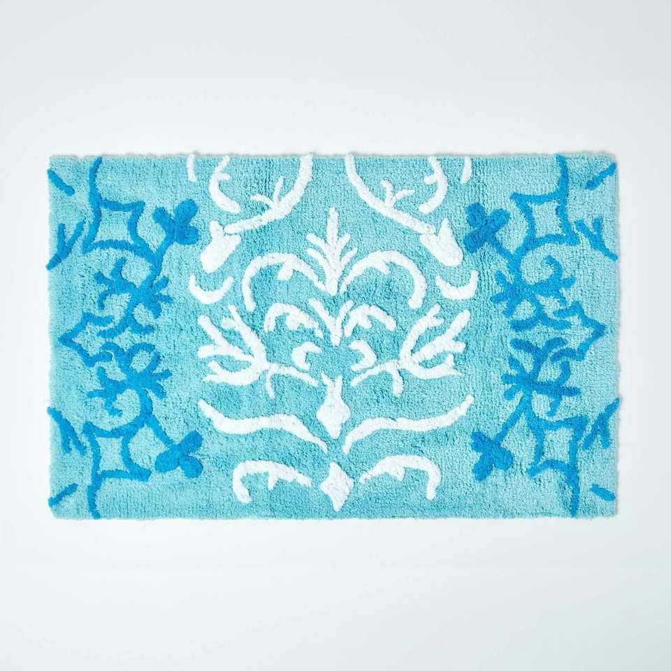 image 1 of Homescapes Blue Damask Cotton Bath Mat