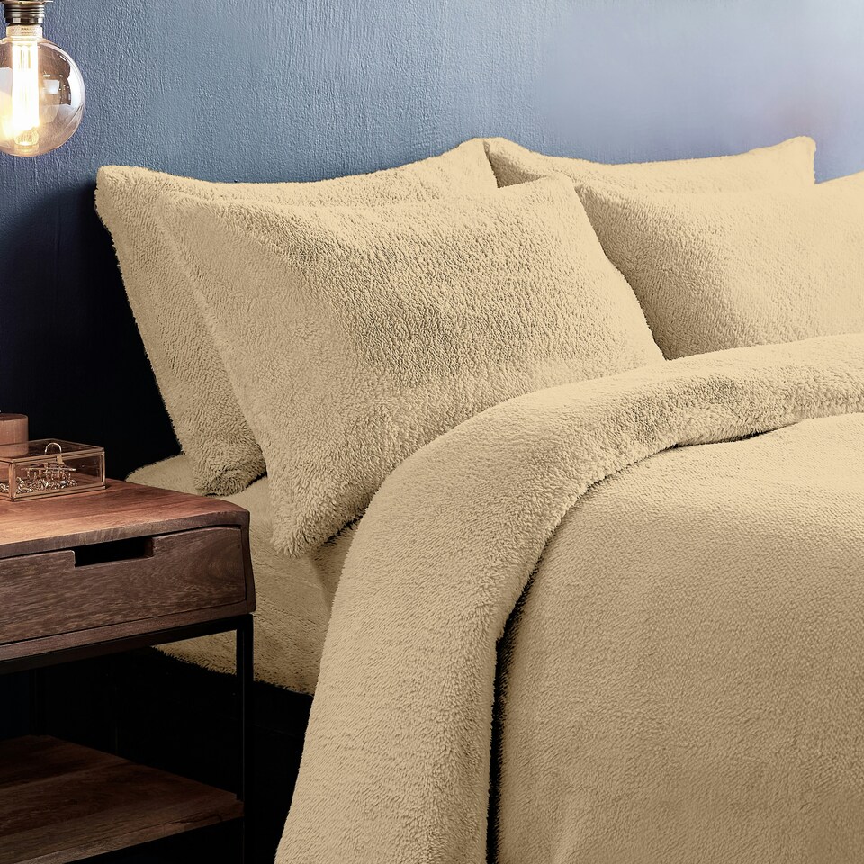 image 1 of Silentnight Teddy Fleece Duvet Cover and Pillowcase Set, Natural Beige, King