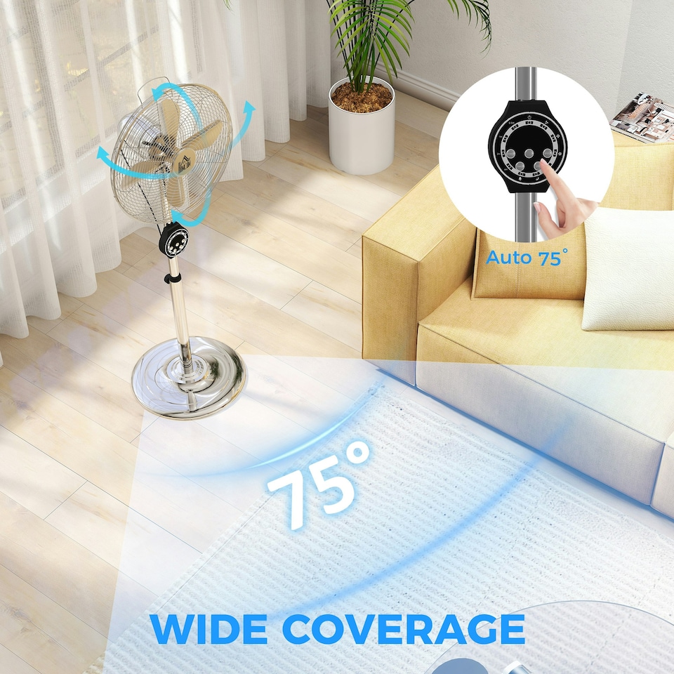 image 1 of HOMCOM Metal Pedestal Fan with Oscillating, Adjustable Height, Timer