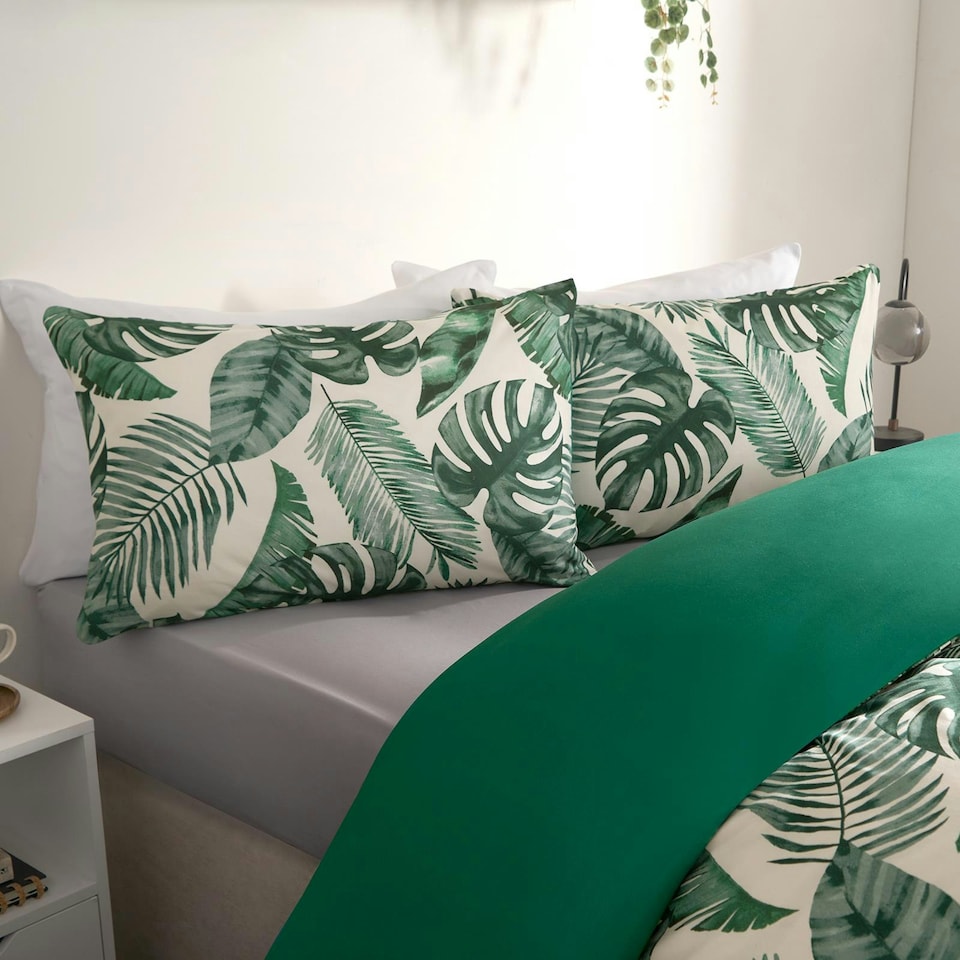 image 1 of OHS Tropical Leaf Print Reversible Plain Duvet Quilt Cover Bedding Set, Double - Forest Green/White