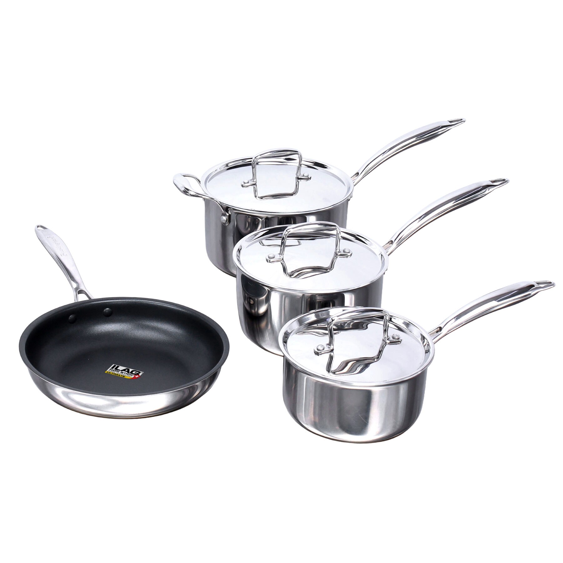Buckingham Elite Tri 18/8 Stainless Steel set of 4 cookware, 3 deep saucepans 16cm , 18cm , 20cm & 1 frying pan 24cm (ILAG coating)