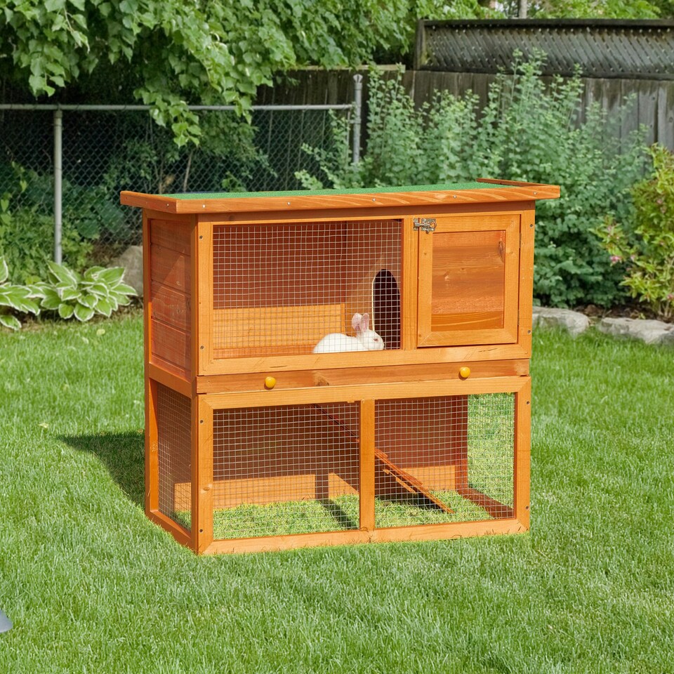 image 1 of Pawhut 90cm 2 Tiers Rabbit Hutch Wooden Pet Cage Run Vintage Bunny House