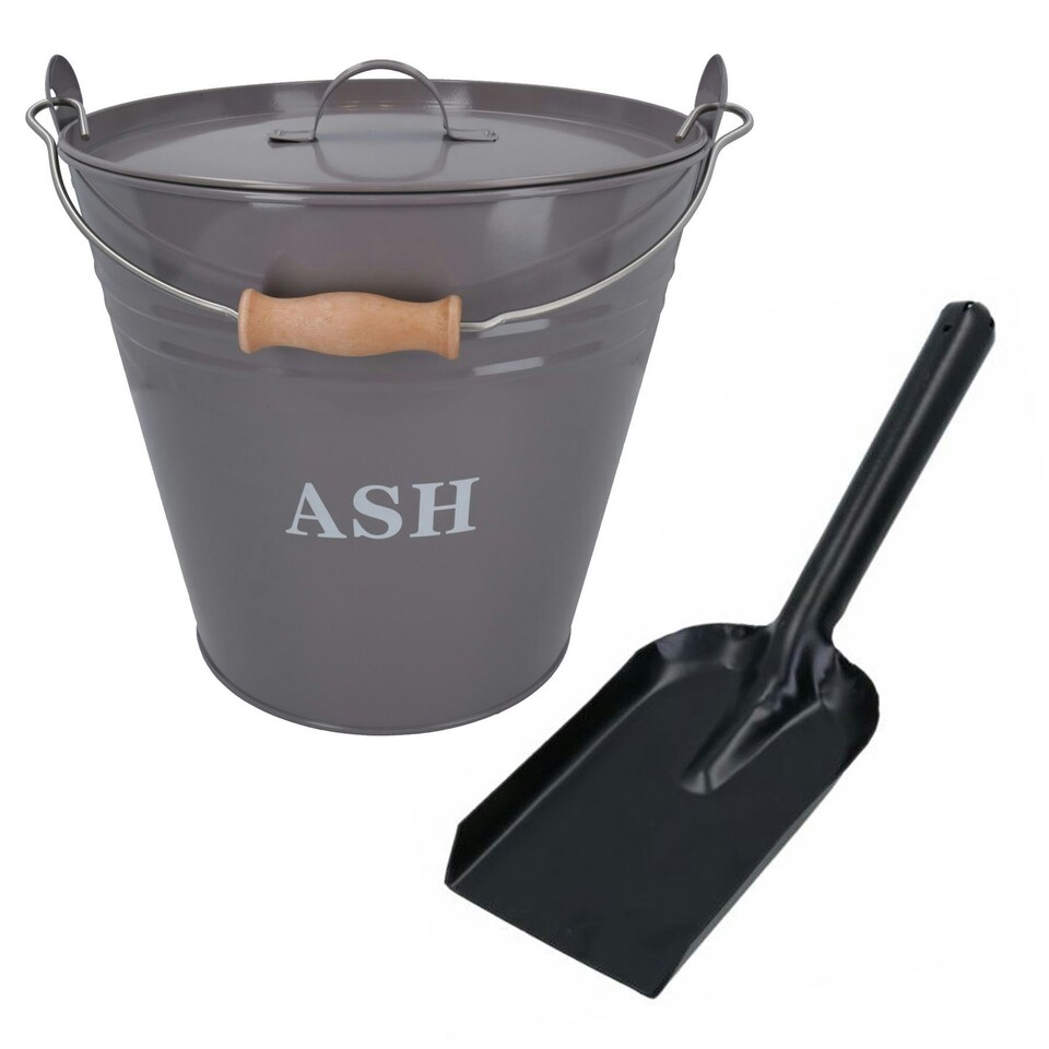 image 1 of Grey Coal Bucket With Lid, 5" Shovel & Gloves Metal Ash Tidy Bin Fire Log Burner