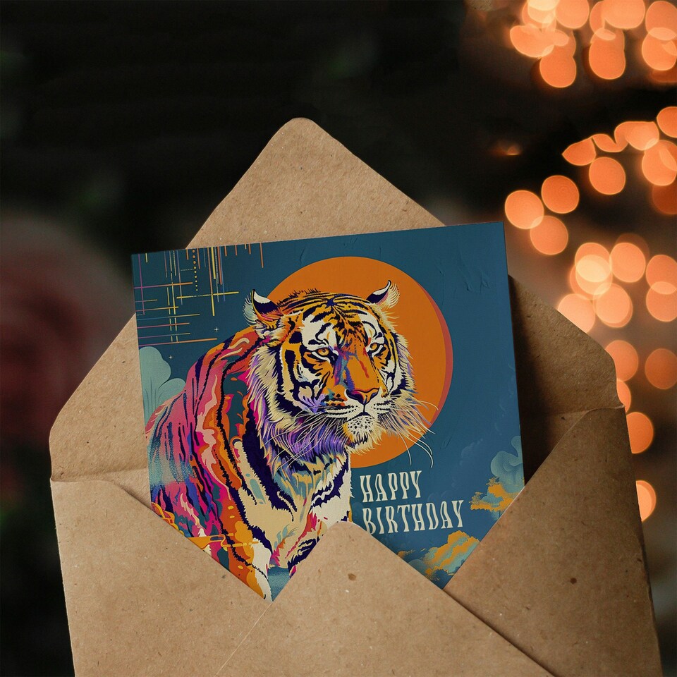 image 1 of Colourful Tiger Japanese Temple Waterfall Him Birthday Card